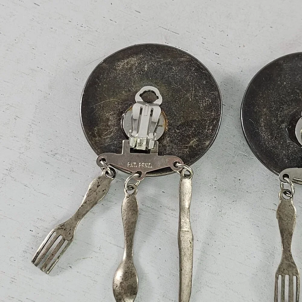Vintage Clip On Earrings With Dangling Utensils Fork Spoo Knife Charms - Picture 6 of 8